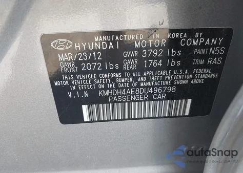 2013 Hyundai Elantra Gls from USA, damaged, VIN KMHDH4AE8DU496798